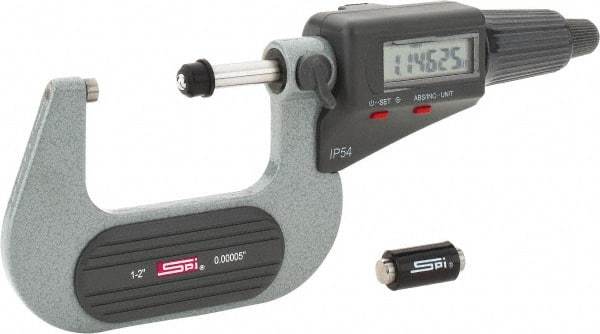 SPI - 1 to 2" Range, 0.00005" Resolution, Standard Throat IP54 Electronic Outside Micrometer - 0.00016" Accuracy, Friction Thimble, Carbide-Tipped Face, LR44 Battery, Includes NIST Traceable Certification of Inspection - USA Tool & Supply