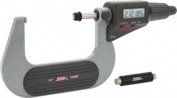 SPI - 2 to 3" Range, 0.00005" Resolution, Standard Throat IP54 Electronic Outside Micrometer - 0.0002" Accuracy, Friction Thimble, Carbide-Tipped Face, LR44 Battery, Includes NIST Traceable Certification of Inspection - USA Tool & Supply