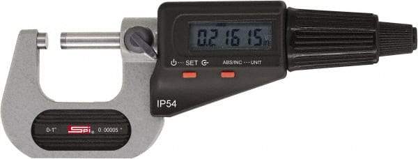 SPI - 6 to 7" Range, 0.00005" Resolution, Standard Throat IP54 Electronic Outside Micrometer - 0.00028" Accuracy, Friction Thimble, Carbide-Tipped Face, LR44 Battery, Includes NIST Traceable Certification of Inspection - USA Tool & Supply