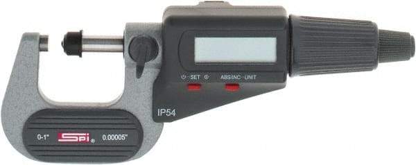 SPI - 0 to 1" Range, 0.00005" Resolution, Standard Throat IP54 Electronic Outside Micrometer - 0.00016" Accuracy, Friction Thimble, Carbide-Tipped Face, LR44 Battery, Includes NIST Traceable Certification of Inspection - USA Tool & Supply