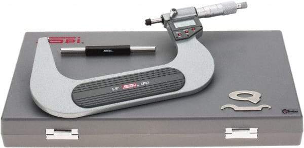SPI - 5 to 6" Range, 0.00005" Resolution, Standard Throat IP65 Electronic Outside Micrometer - 0.0002" Accuracy, Ratchet Stop Thimble, Carbide-Tipped Face, LR44 Battery, Includes NIST Traceable Certification of Inspection - USA Tool & Supply
