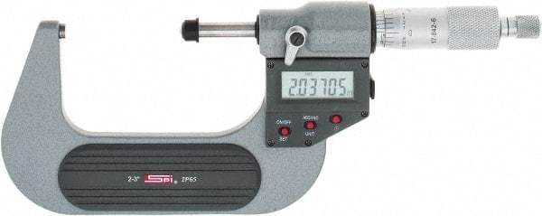SPI - 2 to 3" Range, 0.00005" Resolution, Standard Throat IP65 Electronic Outside Micrometer - 0.0002" Accuracy, Ratchet Stop Thimble, Carbide-Tipped Face, LR44 Battery, Includes NIST Traceable Certification of Inspection - USA Tool & Supply