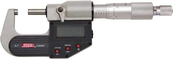 SPI - 6 to 7" Range, 0.00005" Resolution, Standard Throat IP65 Electronic Outside Micrometer - 0.0002" Accuracy, Ratchet Stop Thimble, Carbide-Tipped Face, LR44 Battery, Includes NIST Traceable Certification of Inspection - USA Tool & Supply