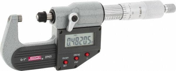 SPI - 0 to 1" Range, 0.00005" Resolution, Standard Throat IP65 Electronic Outside Micrometer - 0.0001" Accuracy, Ratchet Stop Thimble, Carbide-Tipped Face, LR44 Battery, Includes NIST Traceable Certification of Inspection - USA Tool & Supply
