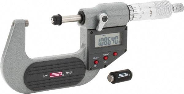 SPI - 1 to 2" Range, 0.00005" Resolution, Standard Throat IP65 Electronic Outside Micrometer - 0.0001" Accuracy, Ratchet Stop Thimble, Carbide-Tipped Face, LR44 Battery, Includes NIST Traceable Certification of Inspection - USA Tool & Supply