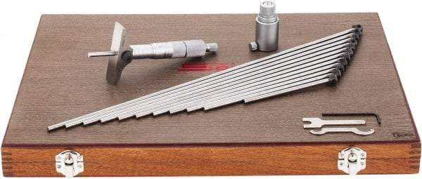 SPI - 0 to 300mm Range, 12 Rod, Mechanical Depth Micrometer - Ratchet Stop Thimble, 63mm Base Length, 0.01mm Graduation, 4.5mm Rod Diam - USA Tool & Supply