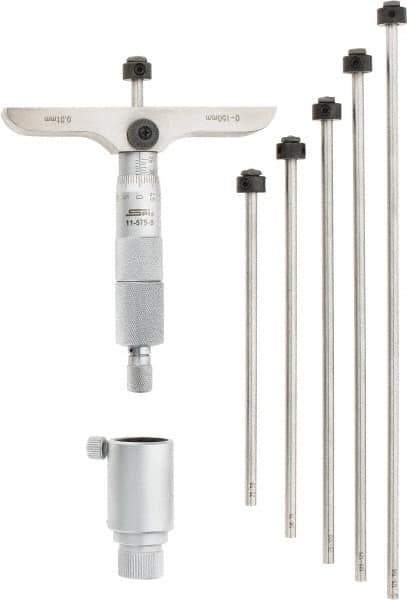 SPI - 0 to 150mm Range, 6 Rod, Mechanical Depth Micrometer - Ratchet Stop Thimble, 100mm Base Length, 0.01mm Graduation, 4.5mm Rod Diam - USA Tool & Supply