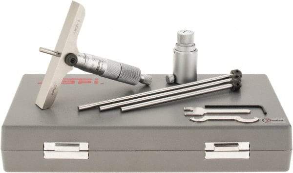 SPI - 0 to 100mm Range, 4 Rod, Mechanical Depth Micrometer - Ratchet Stop Thimble, 100mm Base Length, 0.01mm Graduation, 4.5mm Rod Diam - USA Tool & Supply