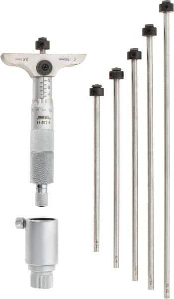 SPI - 0 to 150mm Range, 6 Rod, Mechanical Depth Micrometer - Ratchet Stop Thimble, 63mm Base Length, 0.01mm Graduation, 4.5mm Rod Diam - USA Tool & Supply