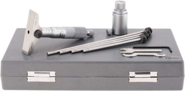 SPI - 0 to 100mm Range, 4 Rod, Mechanical Depth Micrometer - Ratchet Stop Thimble, 63mm Base Length, 0.01mm Graduation, 4.5mm Rod Diam - USA Tool & Supply