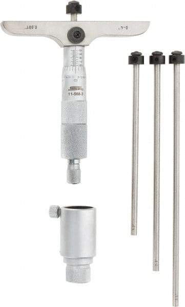 SPI - 0 to 4" Range, 4 Rod, Mechanical Depth Micrometer - Ratchet Stop Thimble, 4" Base Length, 0.001" Graduation, 4.5mm Rod Diam - USA Tool & Supply