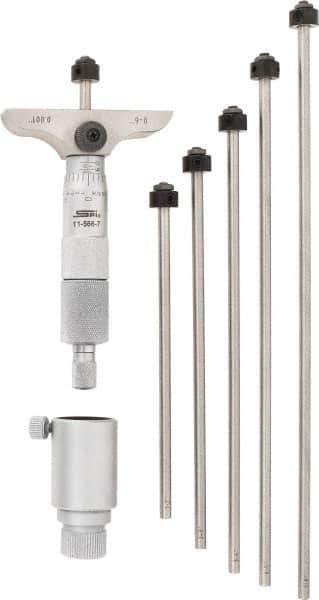 SPI - 0 to 6" Range, 6 Rod, Mechanical Depth Micrometer - Ratchet Stop Thimble, 2-1/2" Base Length, 0.001" Graduation, 4.5mm Rod Diam - USA Tool & Supply