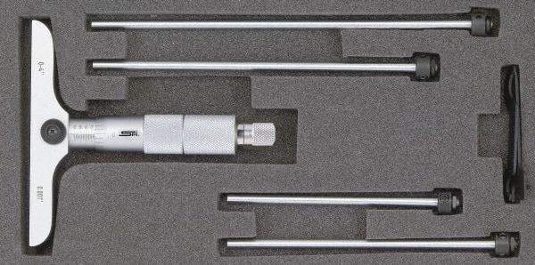 SPI - 0 to 12" Range, 12 Rod, Mechanical Depth Micrometer - Ratchet Stop Thimble, 4" Base Length, 0.001" Graduation, 4.5mm Rod Diam - USA Tool & Supply