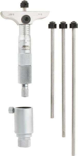 SPI - 0 to 4" Range, 4 Rod, Mechanical Depth Micrometer - Ratchet Stop Thimble, 2-1/2" Base Length, 0.001" Graduation, 4.5mm Rod Diam - USA Tool & Supply