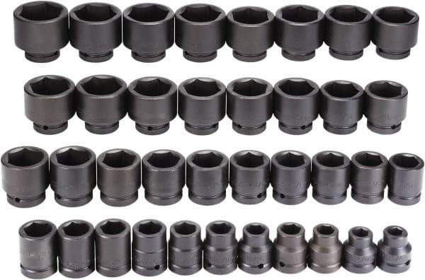 Proto - 37 Piece 1" Drive Black Finish Impact Socket Set - 6 Points, 3/4" to 3" Range, Inch Measurement Standard - USA Tool & Supply