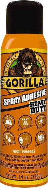 Gorilla Glue - 14 oz Aerosol Clear Spray Adhesive - High Tack, 131°F Heat Resistance, High Strength Bond, Flammable - USA Tool & Supply