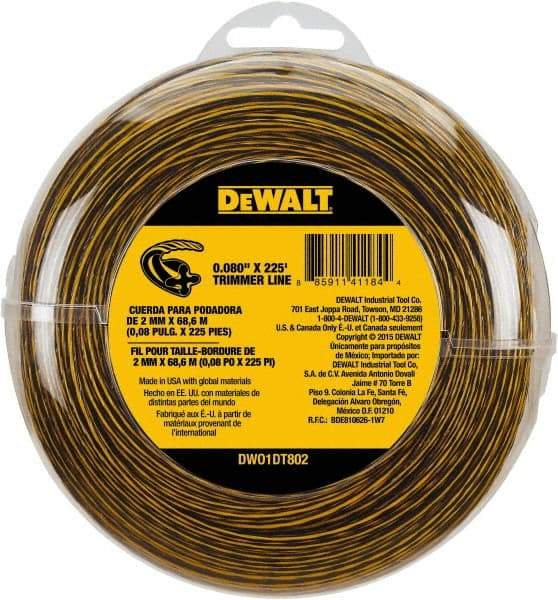 DeWALT - 0.08" Diam, 225' Long String Trimmer Replacment Line - For DCST920B, DCST920P1, DCST970X1, DCST990B, DCST990H1, DCST990M1 - USA Tool & Supply