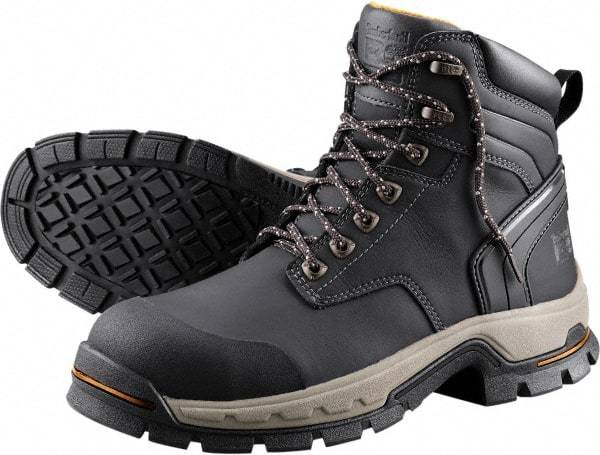 Timberland PRO - Unisex Size 5 Medium Width Steel Work Boot - Black, Microfiber Upper, Rubber Outsole, 6" High, Non-Slip, Safety Toe - USA Tool & Supply