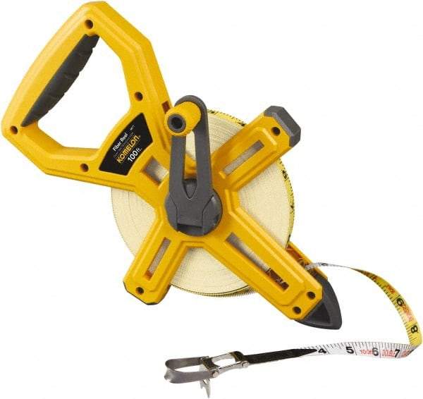 Komelon - 100' x 1/2" Yellow Fiberglass Blade Tape Measure - 1/8" Graduation, Yellow ABS Plastic Case - USA Tool & Supply