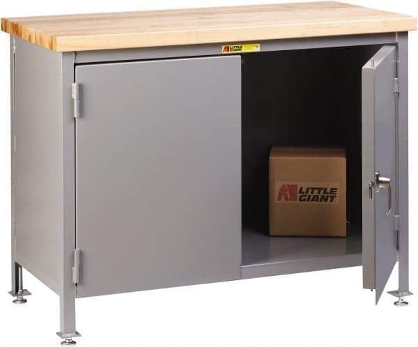Little Giant - 48 Wide x 24" Deep x 37" High, Butcher Block Cabinet Work Center - Fixed Legs With Adjustable Height Glides, Gray - USA Tool & Supply