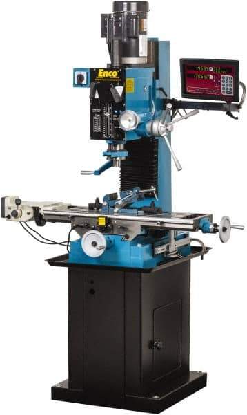 Enco - 1 Phase, 20" Swing, Geared Head Mill Drill Combination - 37-1/2" Table Length x 28" Table Width, 22" Longitudinal Travel, 8" Cross Travel, 6 Spindle Speeds, 2 hp, 220 Volts - USA Tool & Supply