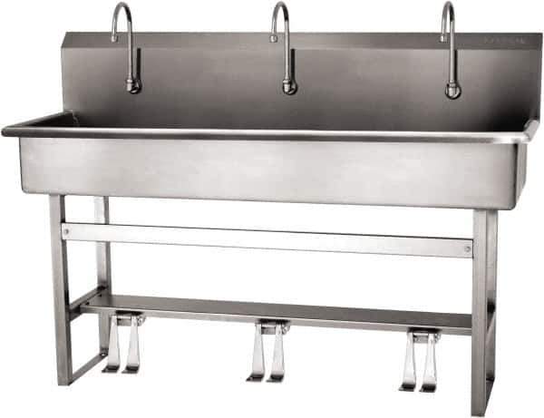 SANI-LAV - 57" Long x 16-1/2" Wide Inside, 1 Compartment, Grade 304 Stainless Steel (4) Person Wash-Station with Double Foot Valves - 16 Gauge, 60" Long x 20" Wide x 45" High Outside, 8" Deep - USA Tool & Supply
