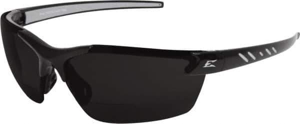 Edge Eyewear - +2, Smoke Gray Lenses, Scratch Resistant, Framed Magnifying Safety Glasses - UV Protection, Black/Gray Nylon Frame, ANSI, MCEPS - USA Tool & Supply