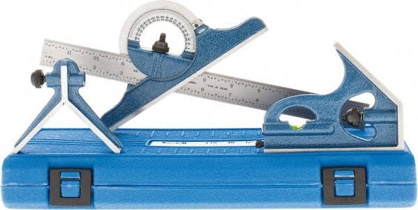 SPI - 4 Piece, 12" Combination Square Set - 1/100, 1/32, 1/50 & 1/64" (16R) Graduation, Hardened Steel Blade, Hardened Steel Center, Protractor & Square Head - USA Tool & Supply