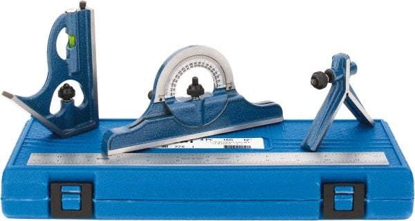 SPI - 4 Piece, 12" Combination Square Set - 1/100, 1/32, 1/50 & 1/64" (16R) Graduation, Hardened Steel Blade, Cast Iron Center, Protractor & Square Head - USA Tool & Supply