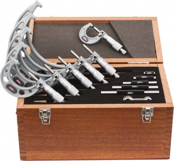 SPI - 0 to 150mm Range, 6 Piece Mechanical Outside Micrometer Set - 0.01mm Graduation, 0.004, 0.005, 0.006mm Accuracy, Ratchet Stop Thimble - USA Tool & Supply