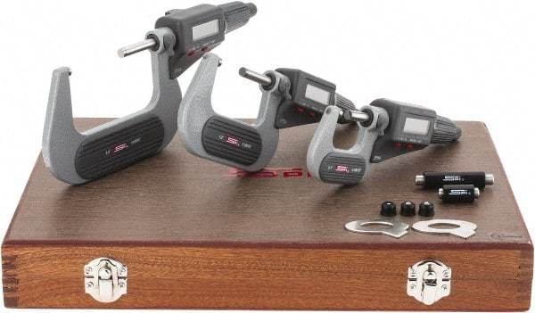 SPI - 0 to 3" Range, 0.001mm Resolution, IP54, 3 Piece Electronic Outside Micrometer Sets - 0.002, 0.003mm Accuracy, Friction Thimble, Carbide Tipped Measuring Face - USA Tool & Supply