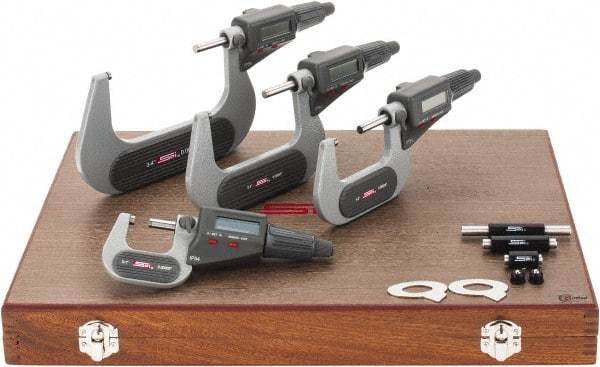 SPI - 0 to 4" Range, 0.001mm Resolution, IP54, 4 Piece Electronic Outside Micrometer Sets - 0.002, 0.003mm Accuracy, Friction Thimble, Carbide Tipped Measuring Face - USA Tool & Supply