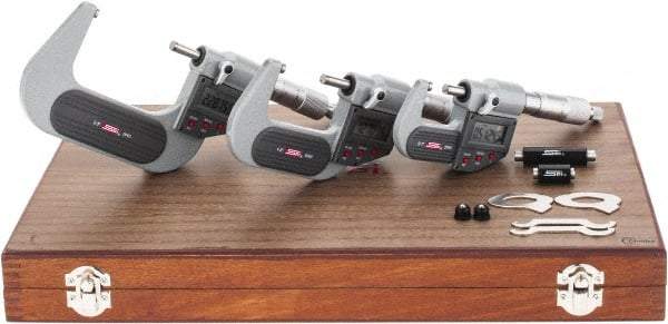SPI - 0 to 3" Range, 0.001mm Resolution, IP65, 3 Piece Electronic Outside Micrometer Sets - 0.002mm Accuracy, Ratchet Stop Thimble, Carbide Tipped Measuring Face - USA Tool & Supply
