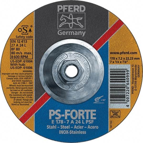 PFERD - 46 Grit, 7" Wheel Diam, 1/4" Wheel Thickness, Type 27 Depressed Center Wheel - Aluminum Oxide - USA Tool & Supply