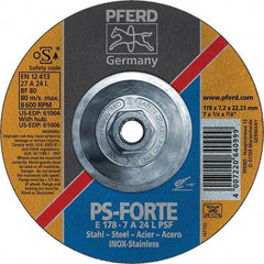 PFERD - 46 Grit, 7" Wheel Diam, 1/4" Wheel Thickness, Type 27 Depressed Center Wheel - Aluminum Oxide - USA Tool & Supply