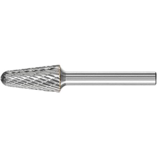 PFERD - 1/2" Cut Diam, 1/4" Shank Diam, Taper Head Double Cut Burr - Carbide, Radius End, 1-1/8" LOC, 3.16" OAL - USA Tool & Supply