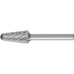 PFERD - 1/2" Cut Diam, 1/4" Shank Diam, Taper Head Double Cut Burr - Carbide, Radius End, 1-1/8" LOC, 3.16" OAL - USA Tool & Supply