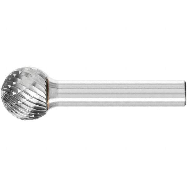 PFERD - 5/8" Cut Diam, 1/4" Shank Diam, Ball Head Double Cut Burr - Carbide, Radius End, 9/16" LOC, 2-5/16" OAL - USA Tool & Supply