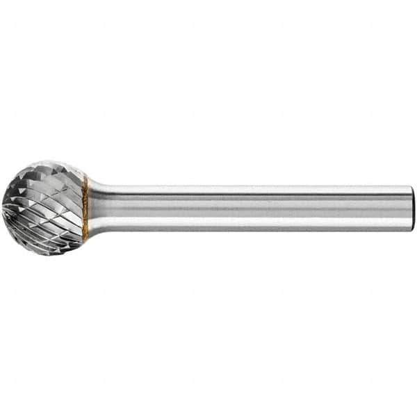 PFERD - 1/2" Cut Diam, 1/4" Shank Diam, Ball Head Double Cut Burr - Carbide, Radius End, 7/16" LOC, 2-3/16" OAL - USA Tool & Supply