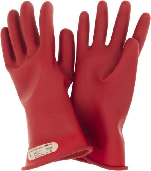 Ansell - Class 00, Size 9, 11" Long, Rubber Lineman's Glove - 2,500 AC Max Use Voltage, 500 AC Test Voltage, Red, ASTM D120 - USA Tool & Supply
