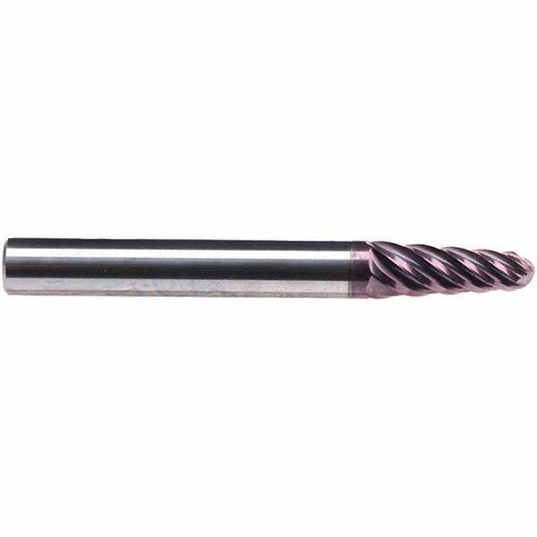 Emuge - 4° Taper Angle per Side, 7.89mm Small End Diam, 30mm LOC, Solid Carbide 6 Flute Tapered Ball End Mill - TiAlN Finish, 108mm OAL, 12mm Shank Diam, Spiral Flute, 38° Helix - USA Tool & Supply