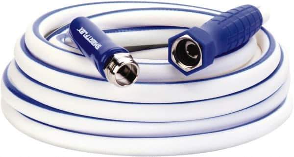 Legacy - 25' Long Marine/RV Hose - 5/8" Diam, 3/4" GHT, Hi-Tec Polymer, 150 psi, All Season, White with Blue Stripe - USA Tool & Supply