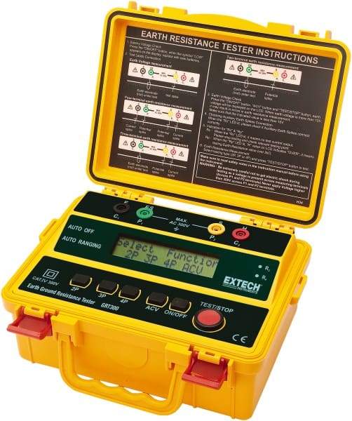 Extech - 0.002 to 2 k Ohm, LCD Display Earth Ground Resistance Tester - AA Battery, 2 mA Current, 820 Hz - USA Tool & Supply