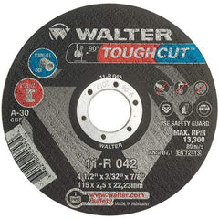 WALTER Surface Technologies - 4-1/2" 30 Grit Aluminum Oxide Cutoff Wheel - 3/32" Thick, 7/8" Arbor, 13,300 Max RPM, Use with Angle Grinders - USA Tool & Supply