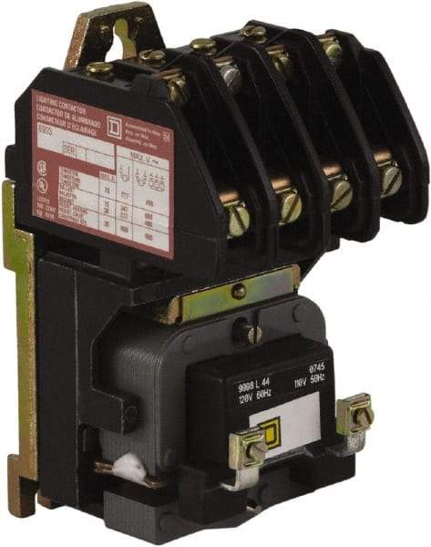 Square D - No Enclosure, 4 Pole, Electrically Held Lighting Contactor - 20 A (Tungsten), 30 A (Fluorescent), 110 VAC at 50 Hz, 120 VAC at 60 Hz, 4NO Contact Configuration - USA Tool & Supply