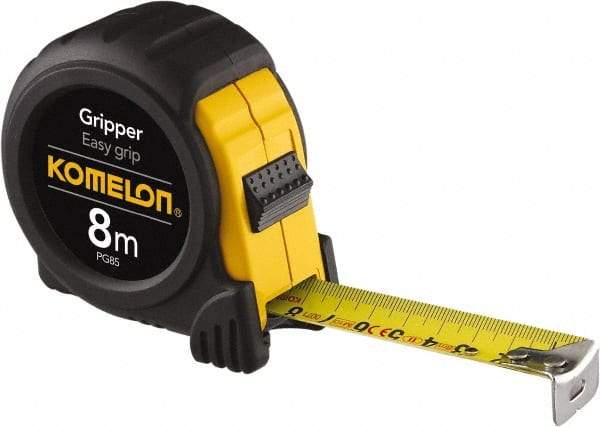 Komelon - 26' x 25mm Yellow Steel Blade Tape Measure - 1/10' & 1mm Graduation, Metric Graduation Style, Yellow/Black ABS Plastic Case - USA Tool & Supply