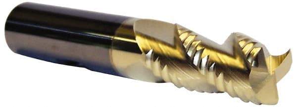 Accupro - 1/2" Diam, Coarse Pitch, 1-1/4" LOC, 3 Flute Solid Carbide 0.06" Corner Radius Roughing End Mill - ZrN Finish, 3" OAL, 1/2" Shank Diam, Single End, Centercutting, 30° Helix - USA Tool & Supply