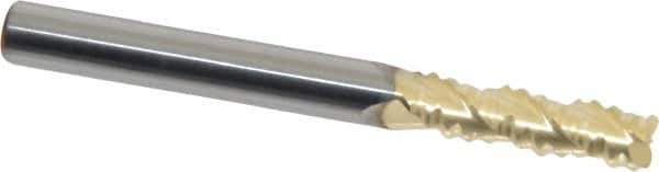 Accupro - 1/4" Diam, Coarse Pitch, 3/4" LOC, 3 Flute Solid Carbide 0.045" Corner Radius Roughing End Mill - ZrN Finish, 2-1/2" OAL, 1/4" Shank Diam, Single End, Centercutting, 30° Helix - USA Tool & Supply