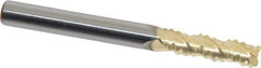Accupro - 1/4" Diam, Coarse Pitch, 3/4" LOC, 3 Flute Solid Carbide 0.045" Corner Radius Roughing End Mill - ZrN Finish, 2-1/2" OAL, 1/4" Shank Diam, Single End, Centercutting, 30° Helix - USA Tool & Supply