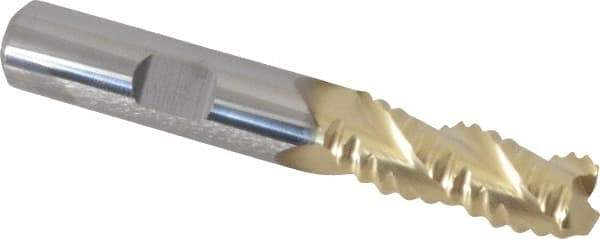 Accupro - 3/8" Diam, Coarse Pitch, 7/8" LOC, 3 Flute Solid Carbide 0.06" Corner Radius Roughing End Mill - ZrN Finish, 2-1/2" OAL, 3/8" Shank Diam, Single End, Centercutting, 30° Helix - USA Tool & Supply
